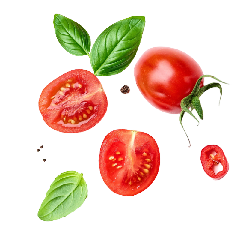 Group 165 Tomatoes and basil leaves on black background.