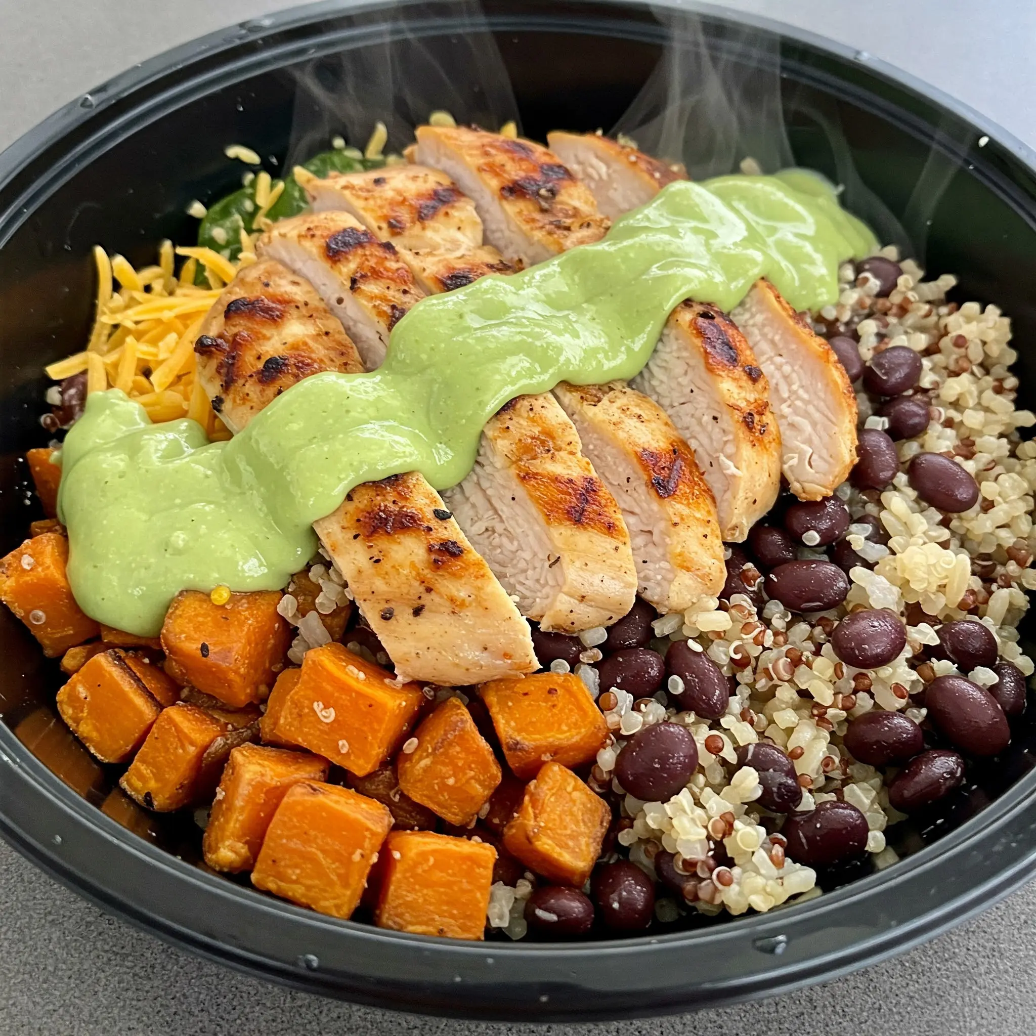 Grilled chicken bowl with quinoa and vegetables.