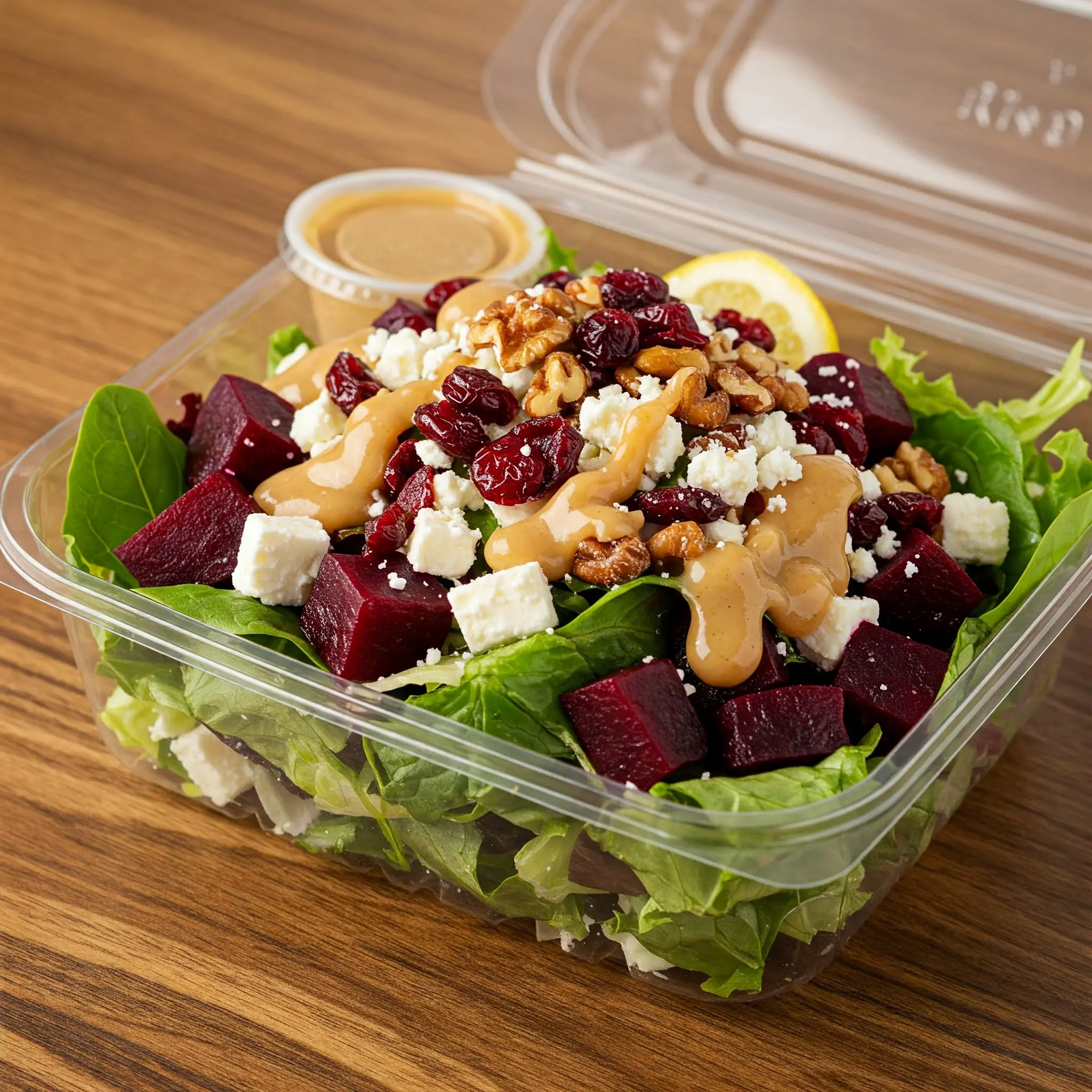 Salad with beets, nuts, cheese, and dressing.