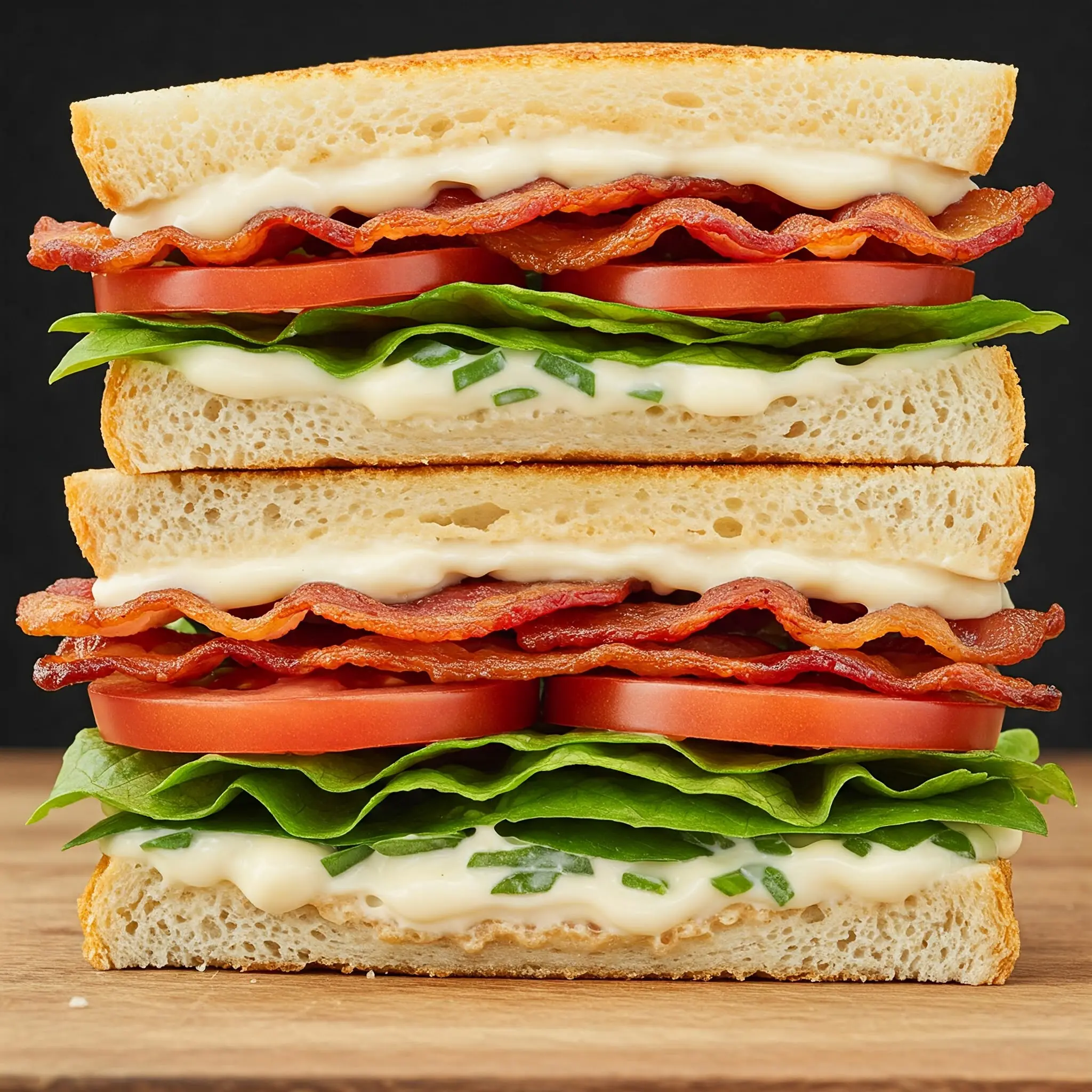 Stacked sandwich with bacon, lettuce, and tomato.