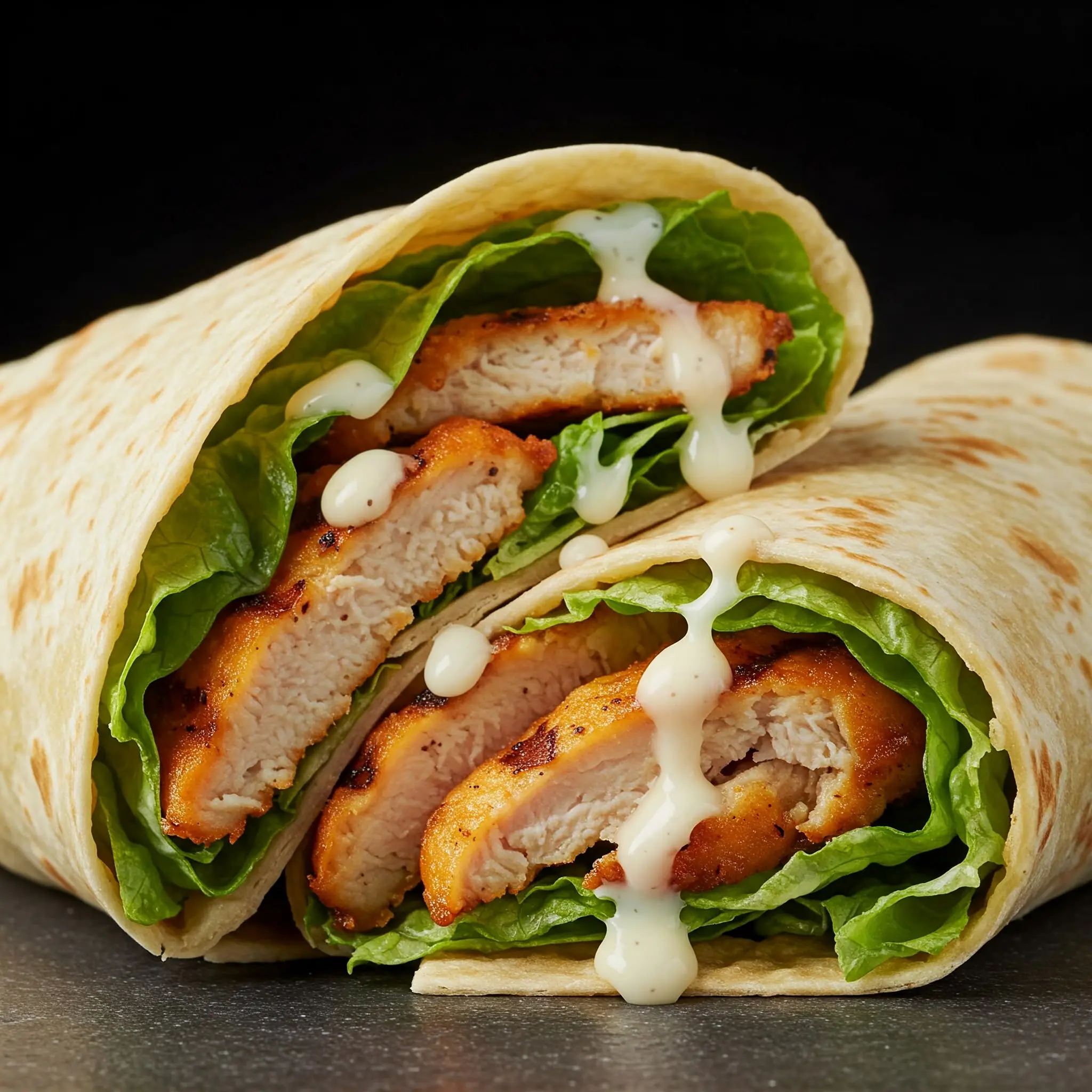 Chicken wraps with lettuce and sauce.