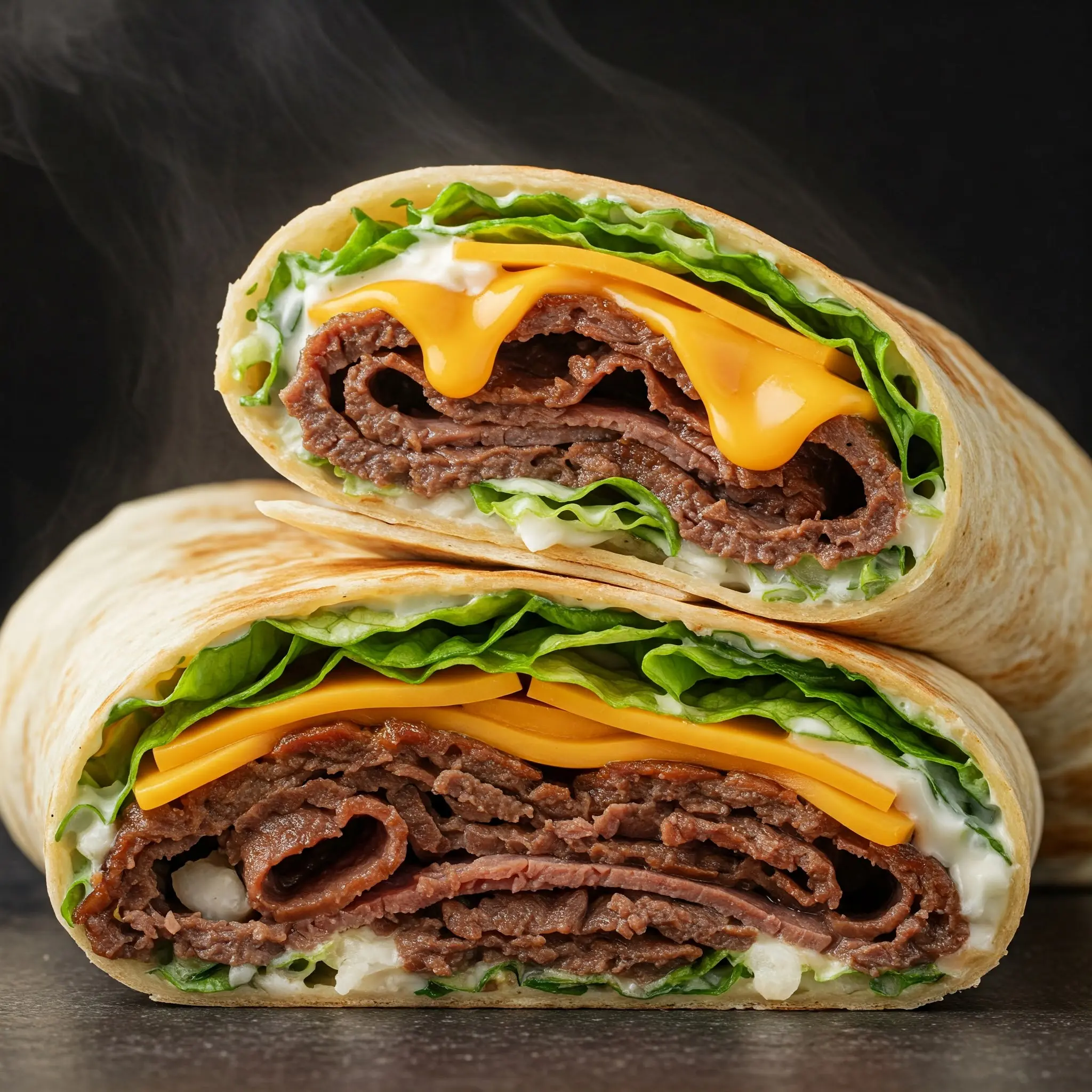 Steaming beef wrap with cheese and lettuce.