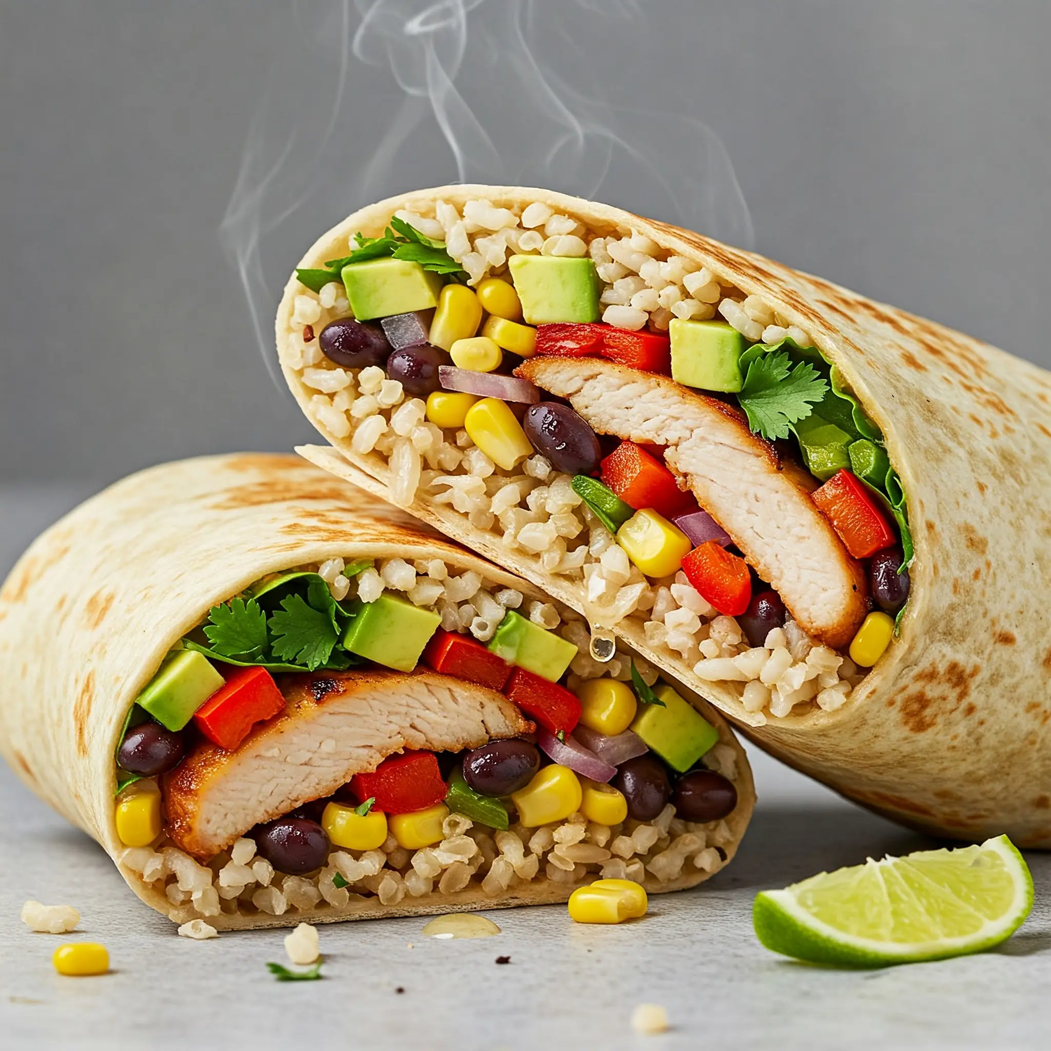 Burrito with chicken, rice, and vegetables.