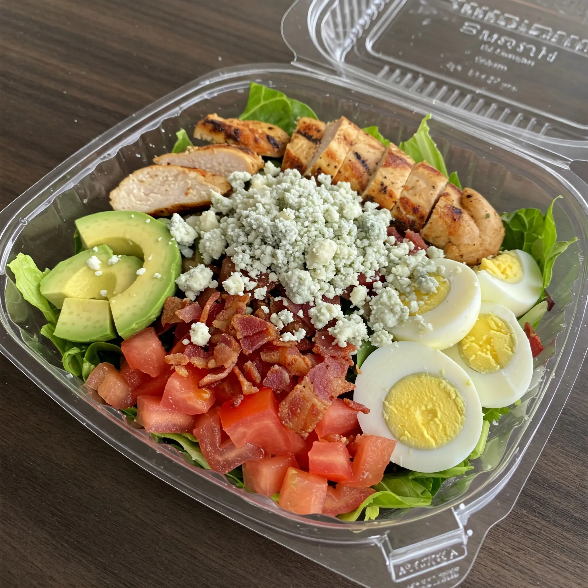 Cobb salad with chicken in clear container.