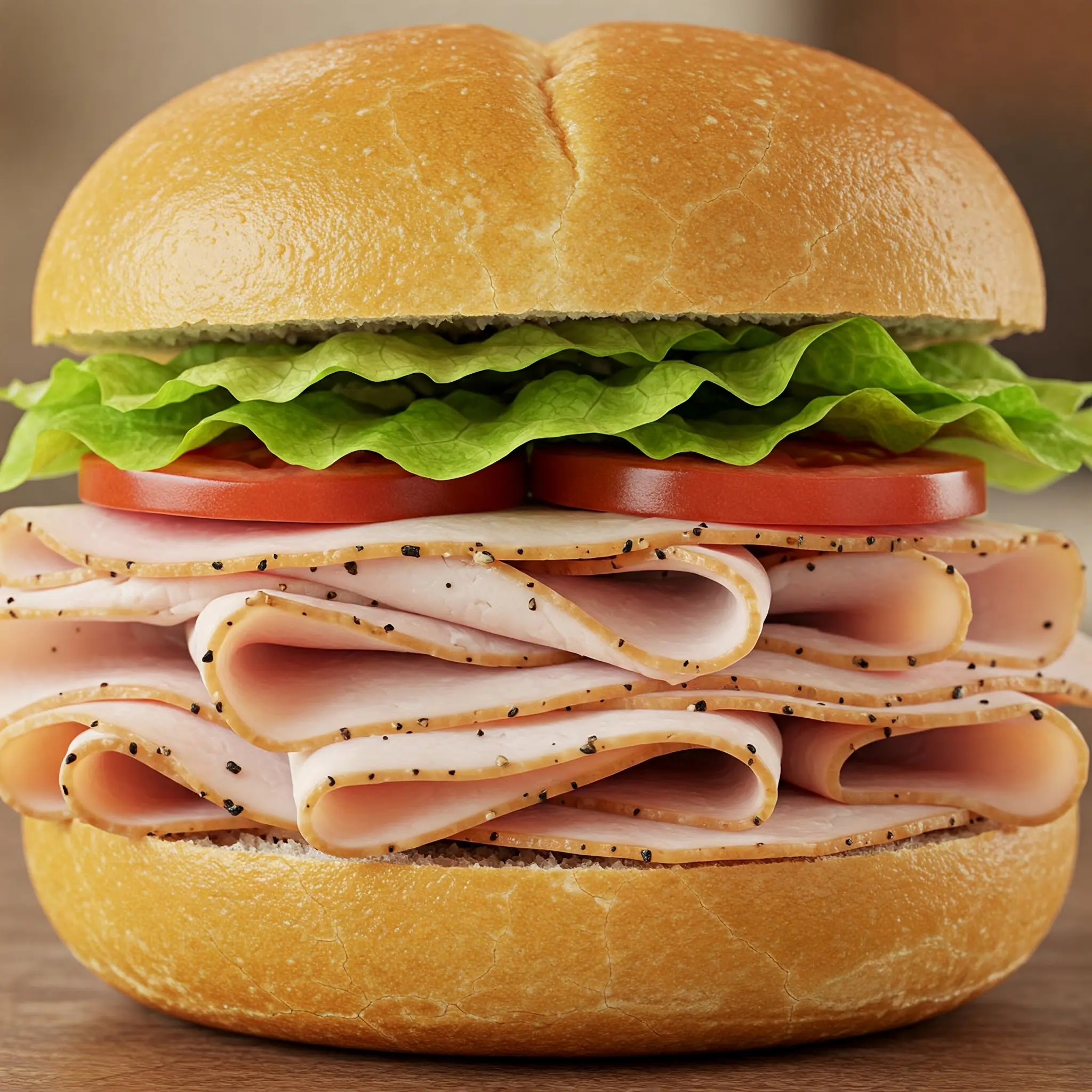 Turkey sandwich with lettuce and tomato.