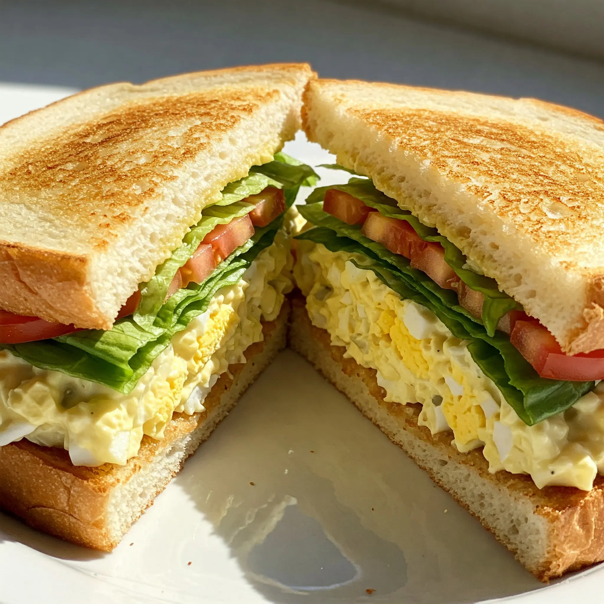 Egg salad sandwich with lettuce and tomato.
