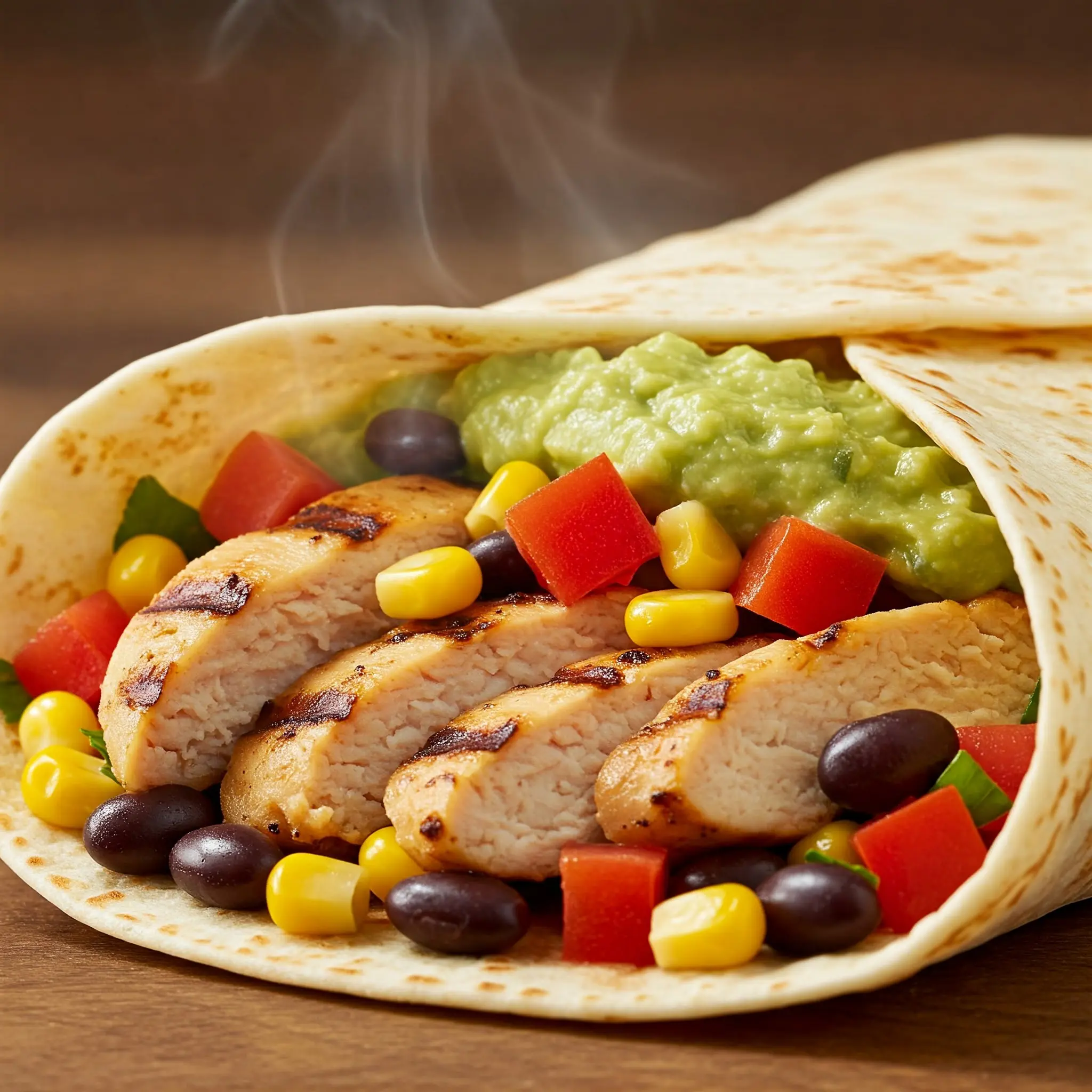 Grilled chicken wrap with vegetables and guacamole.