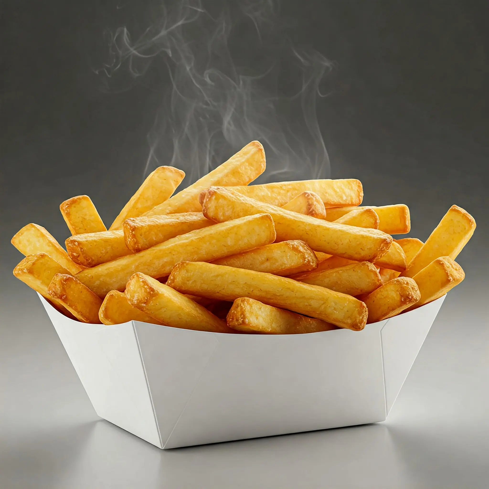 Hot crispy fries in paper container.