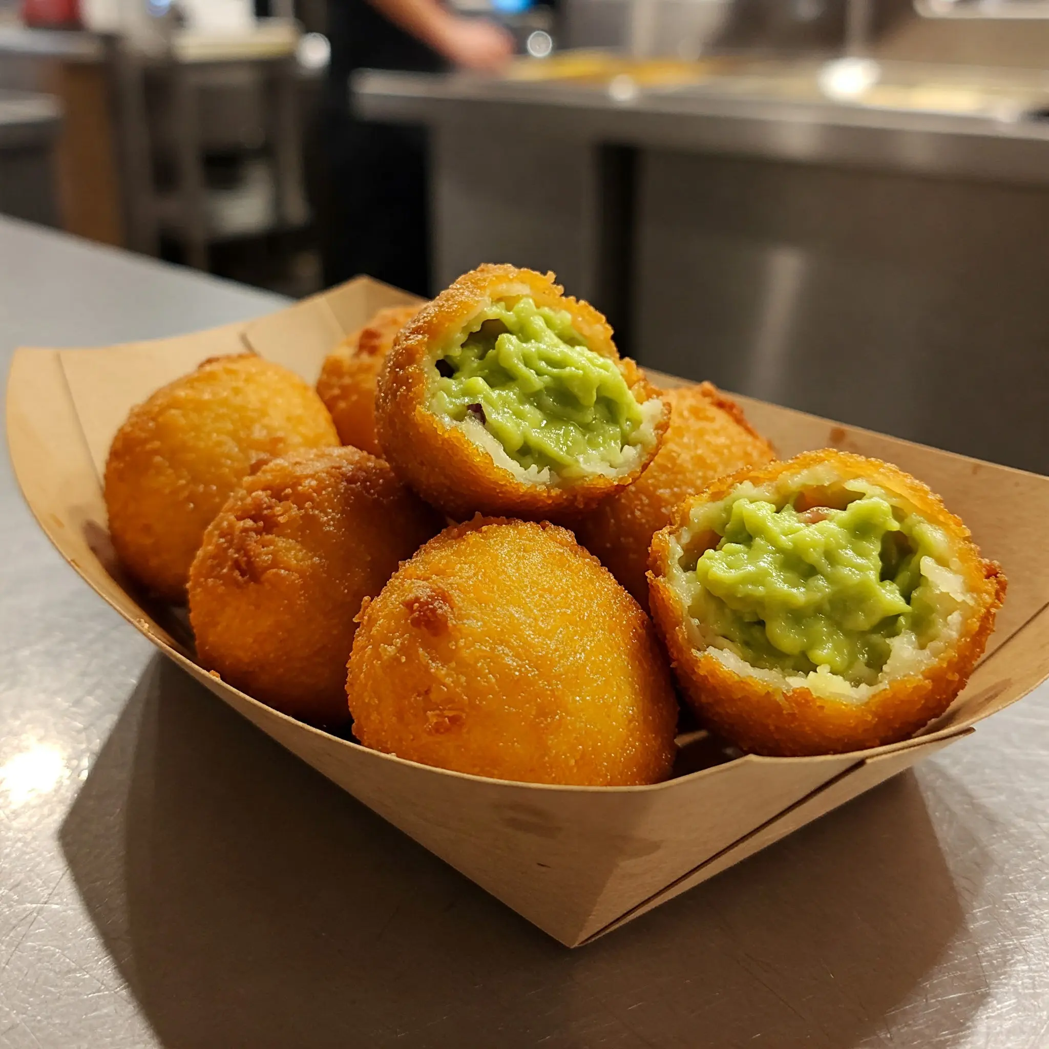 Fried avocado balls in a cardboard tray.