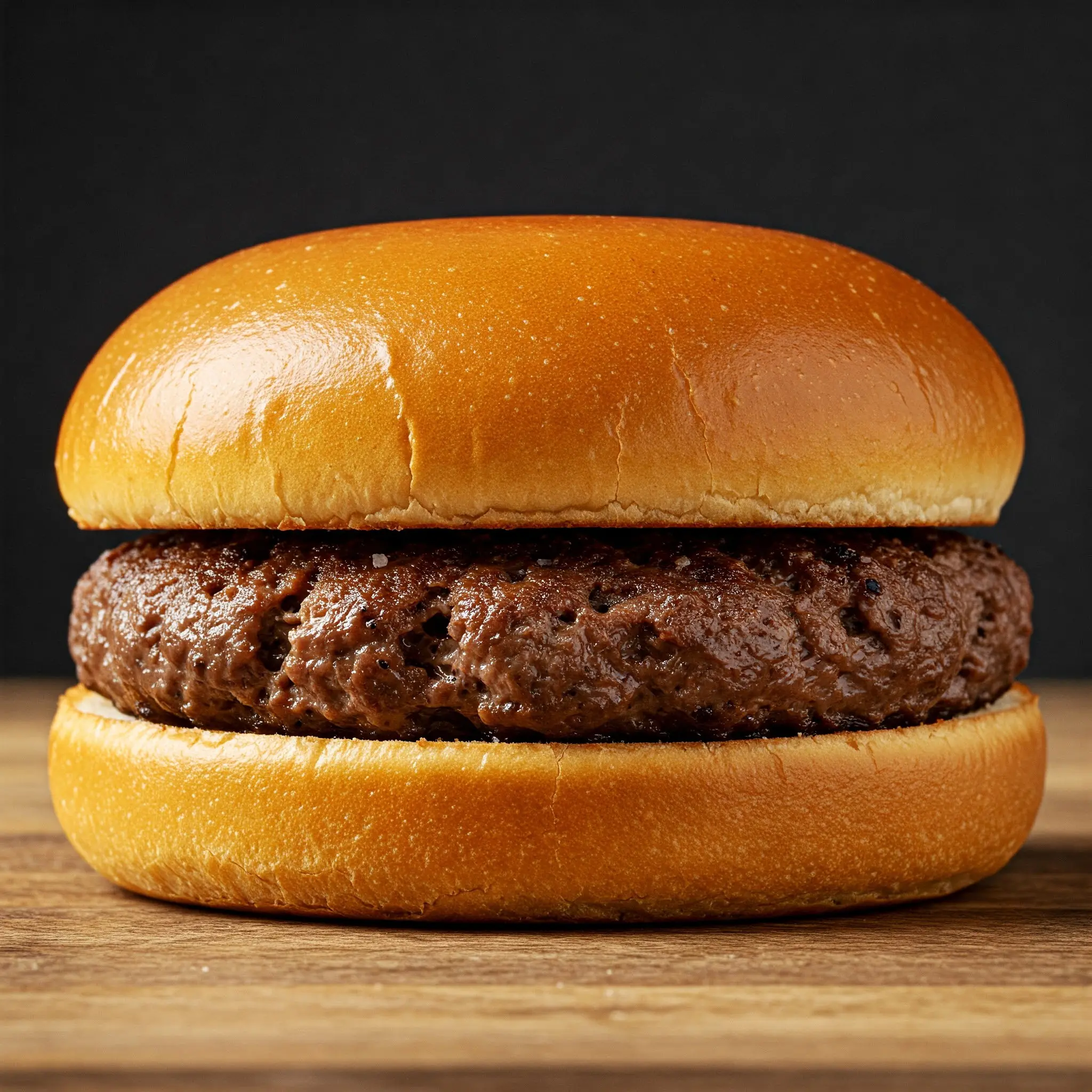 Juicy hamburger on wooden surface.