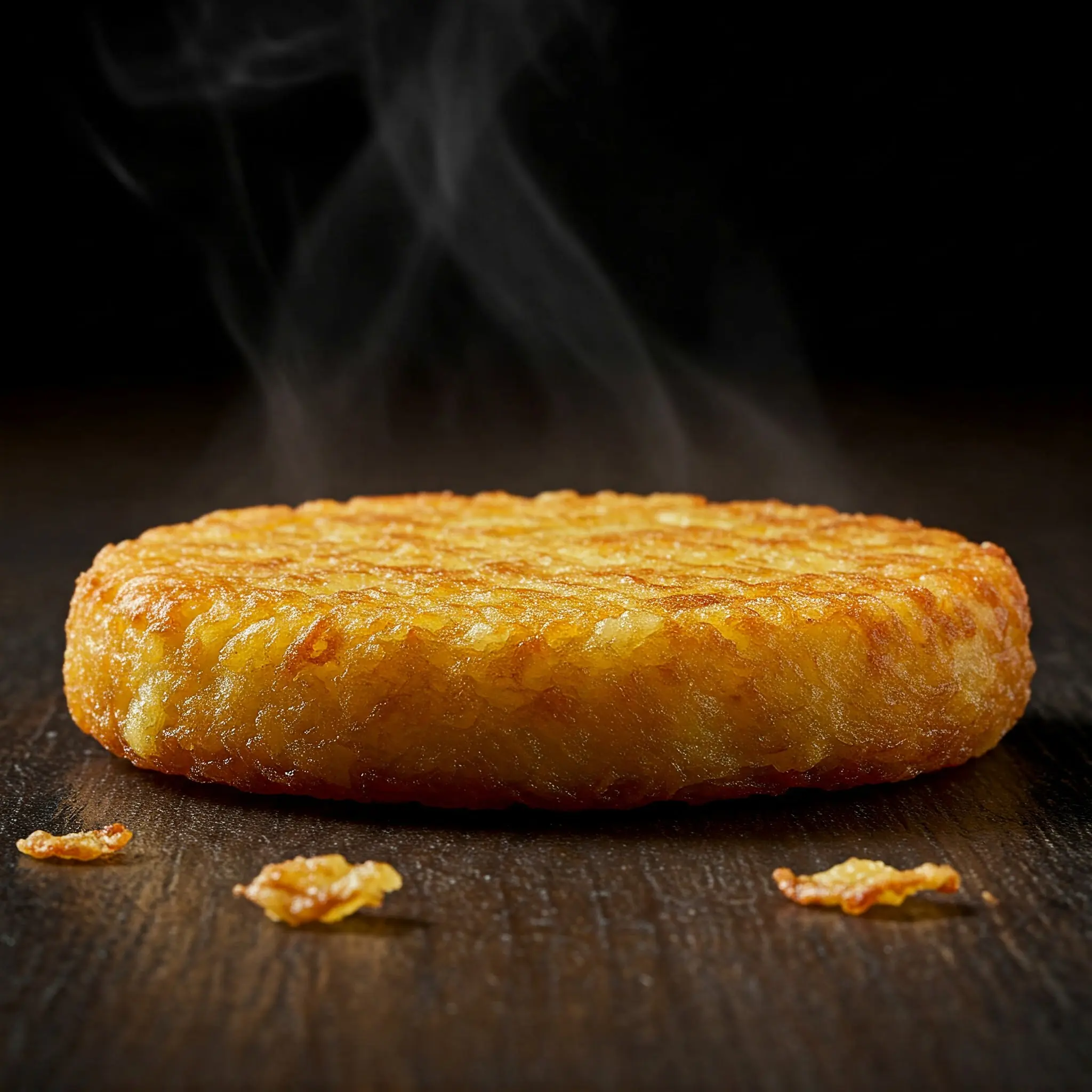 Golden hash brown steaming on dark surface.