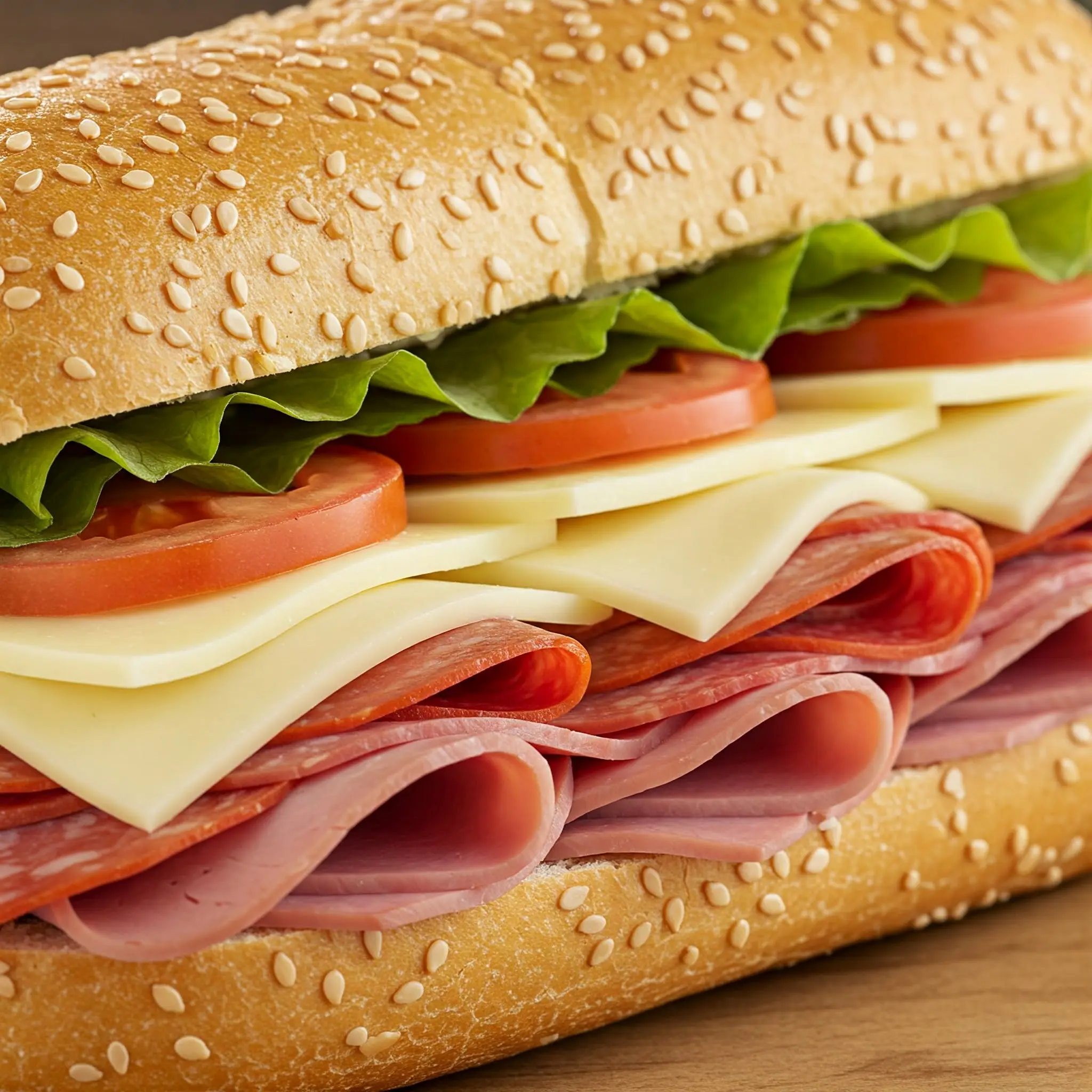 Sub sandwich with meat, cheese, lettuce, tomato.