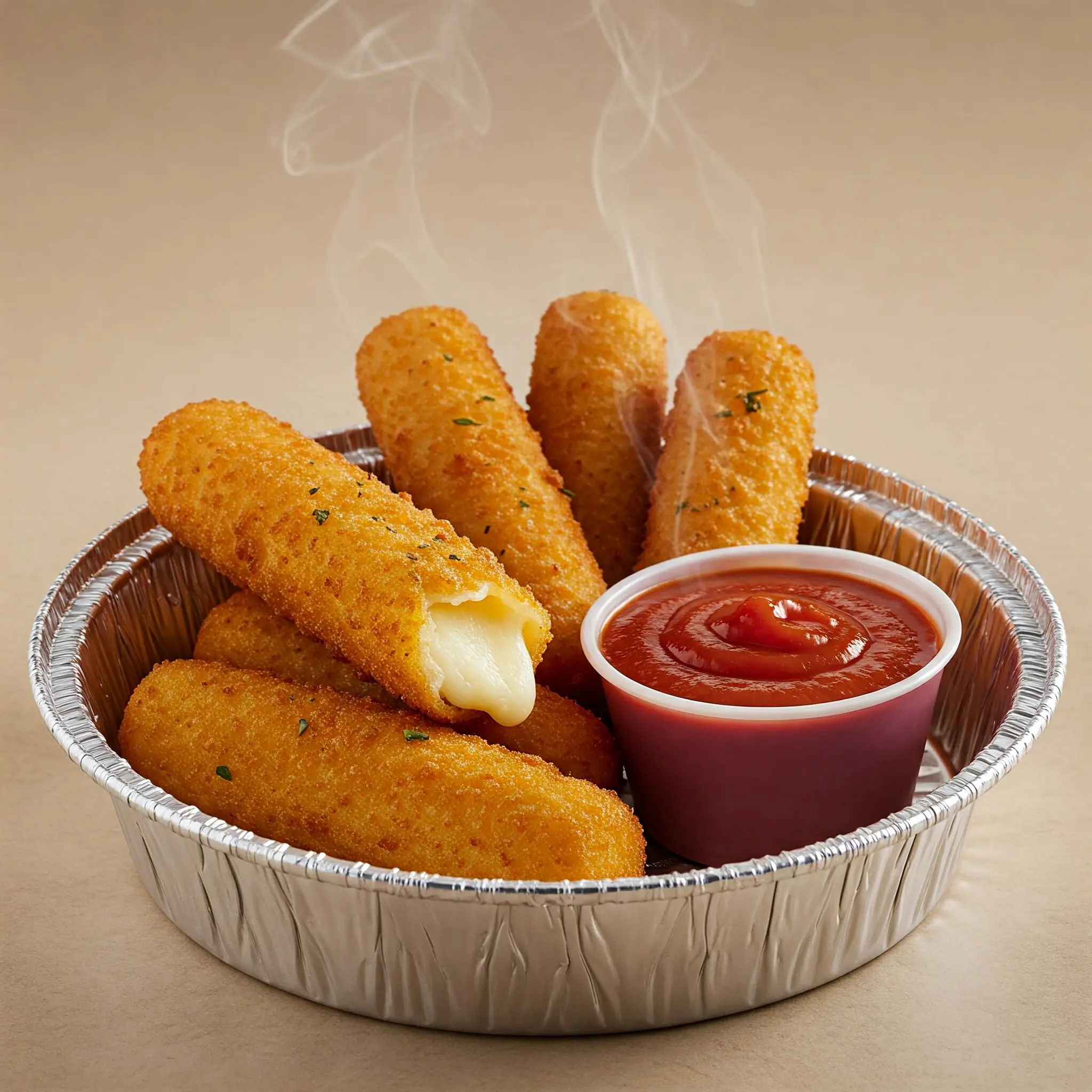 Mozzarella sticks with marinara sauce in foil.
