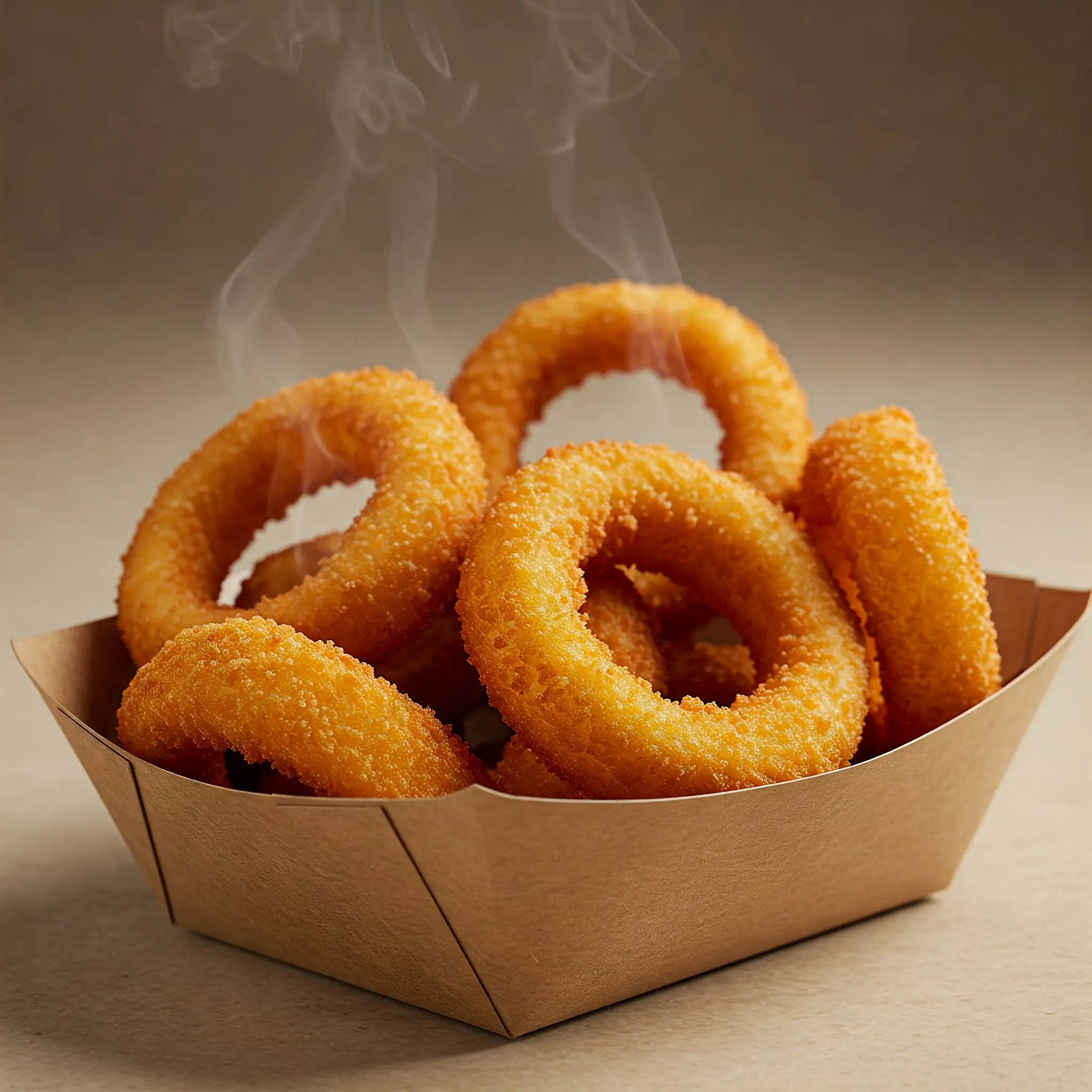 Crispy onion rings in a paper tray.