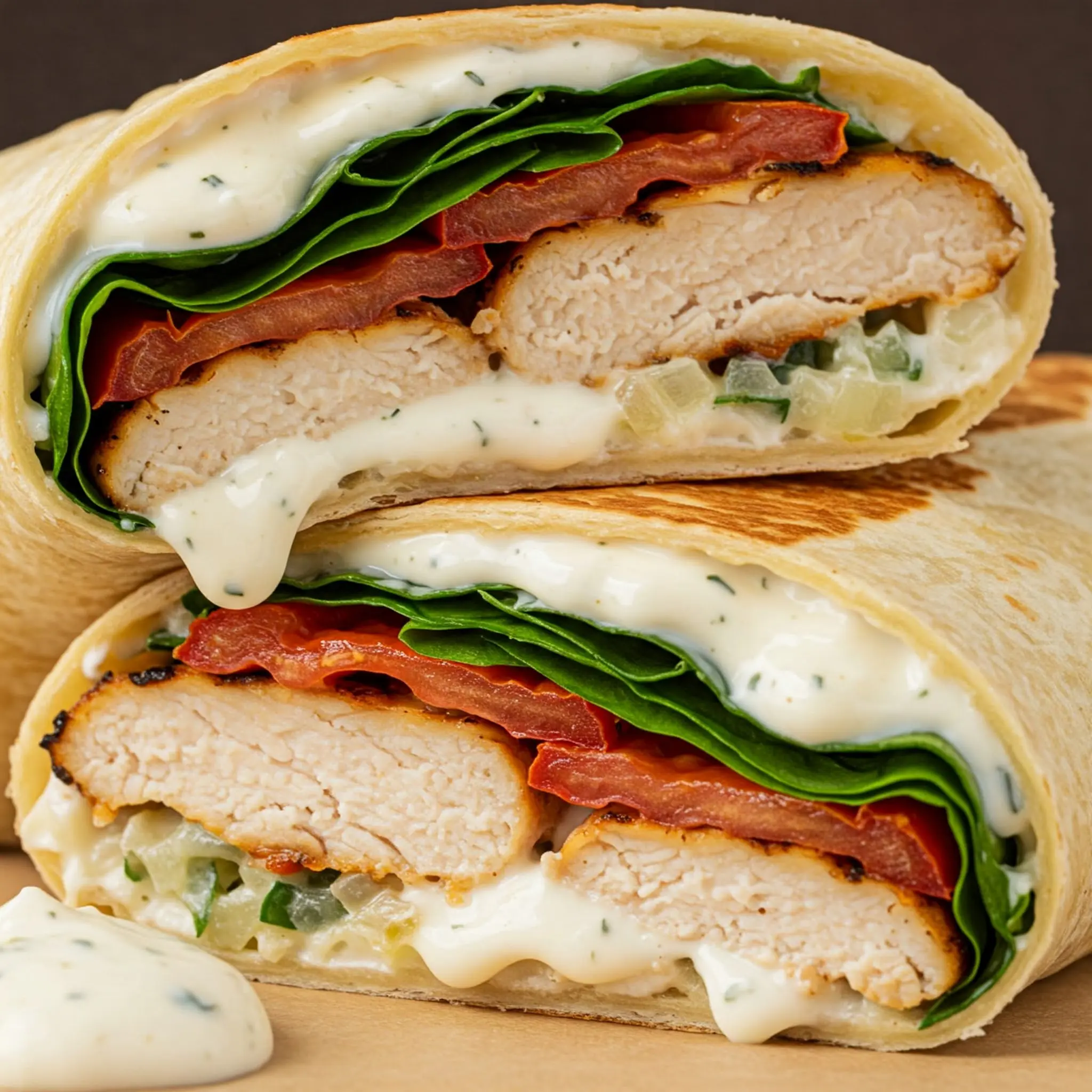Chicken wrap with spinach and creamy sauce.