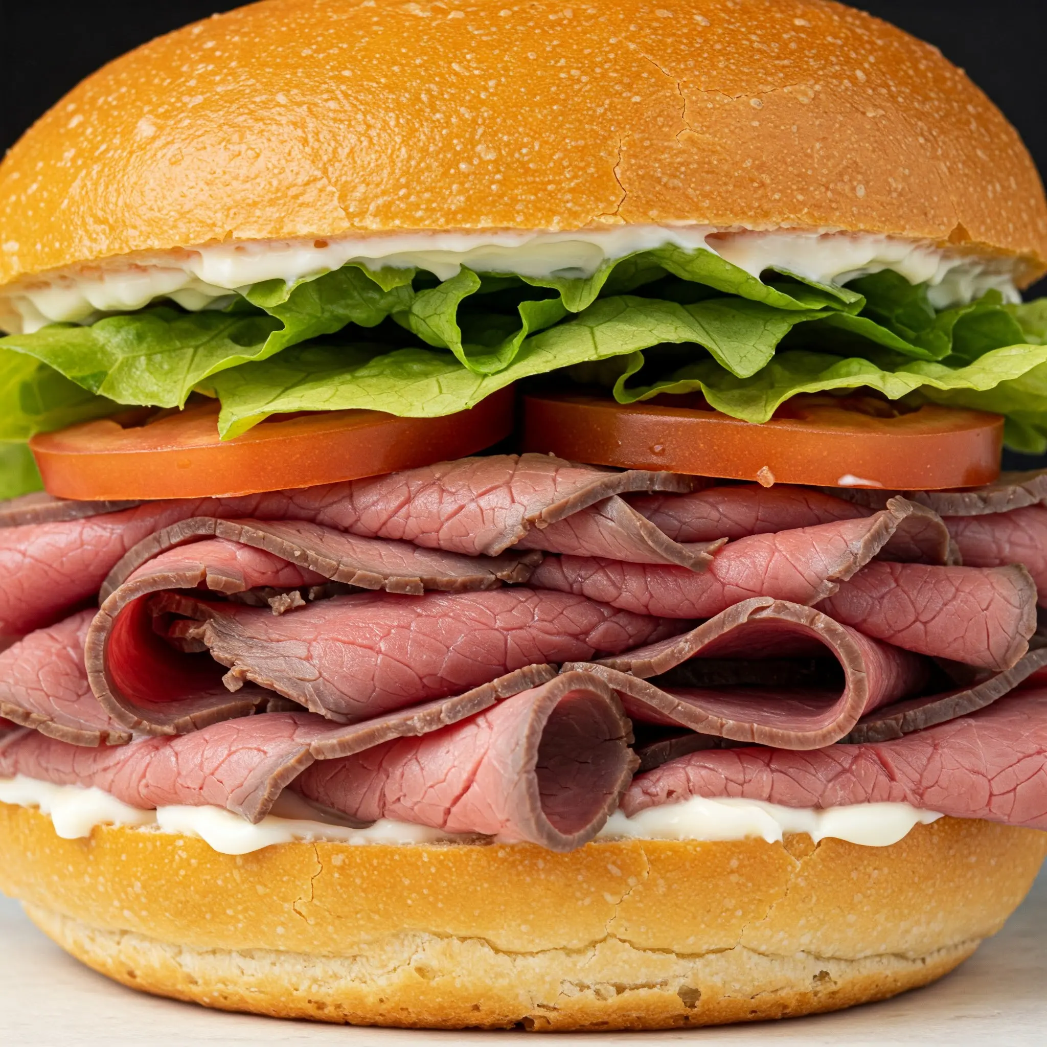 Roast beef sandwich with lettuce and tomato.