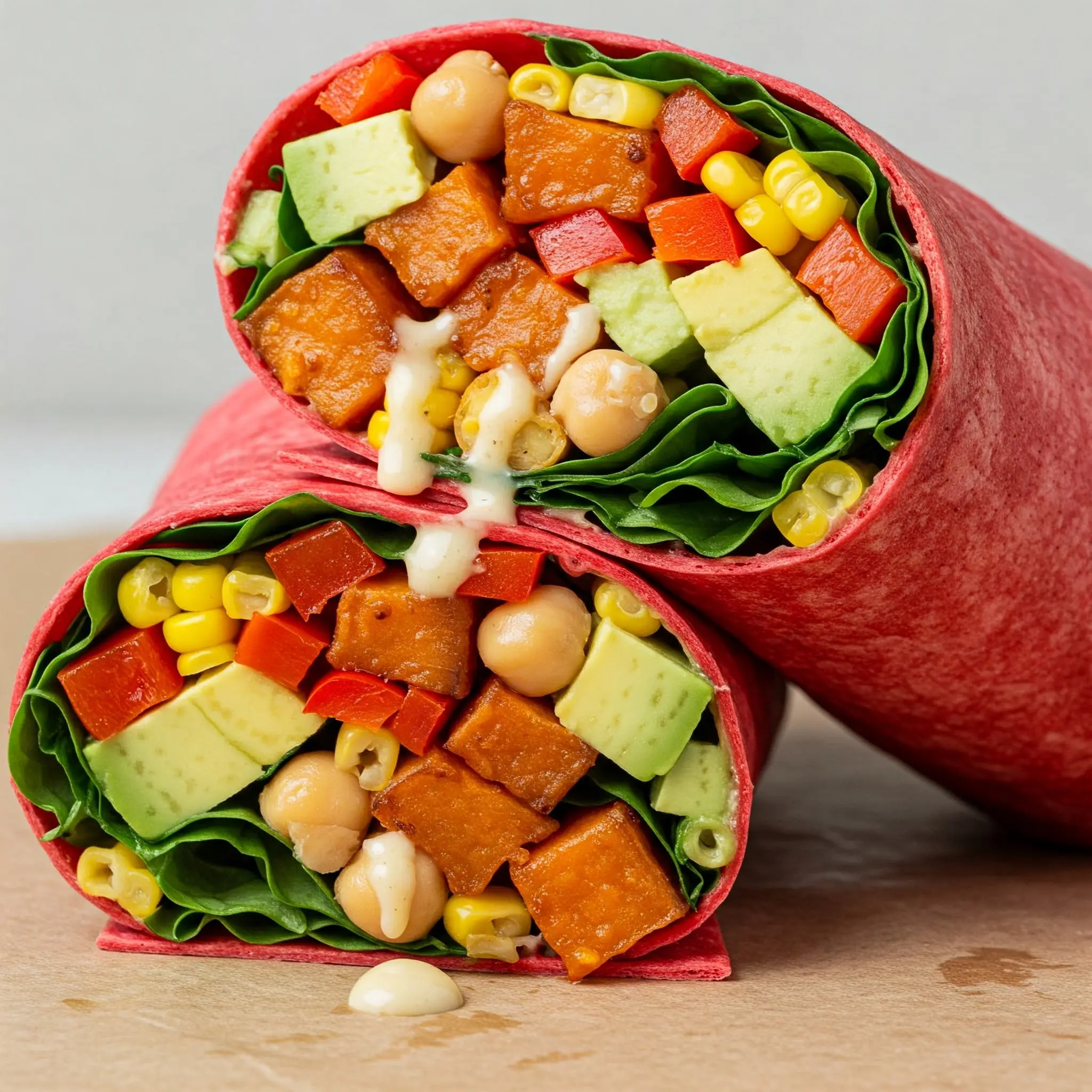 Colorful vegetable wrap with creamy dressing.