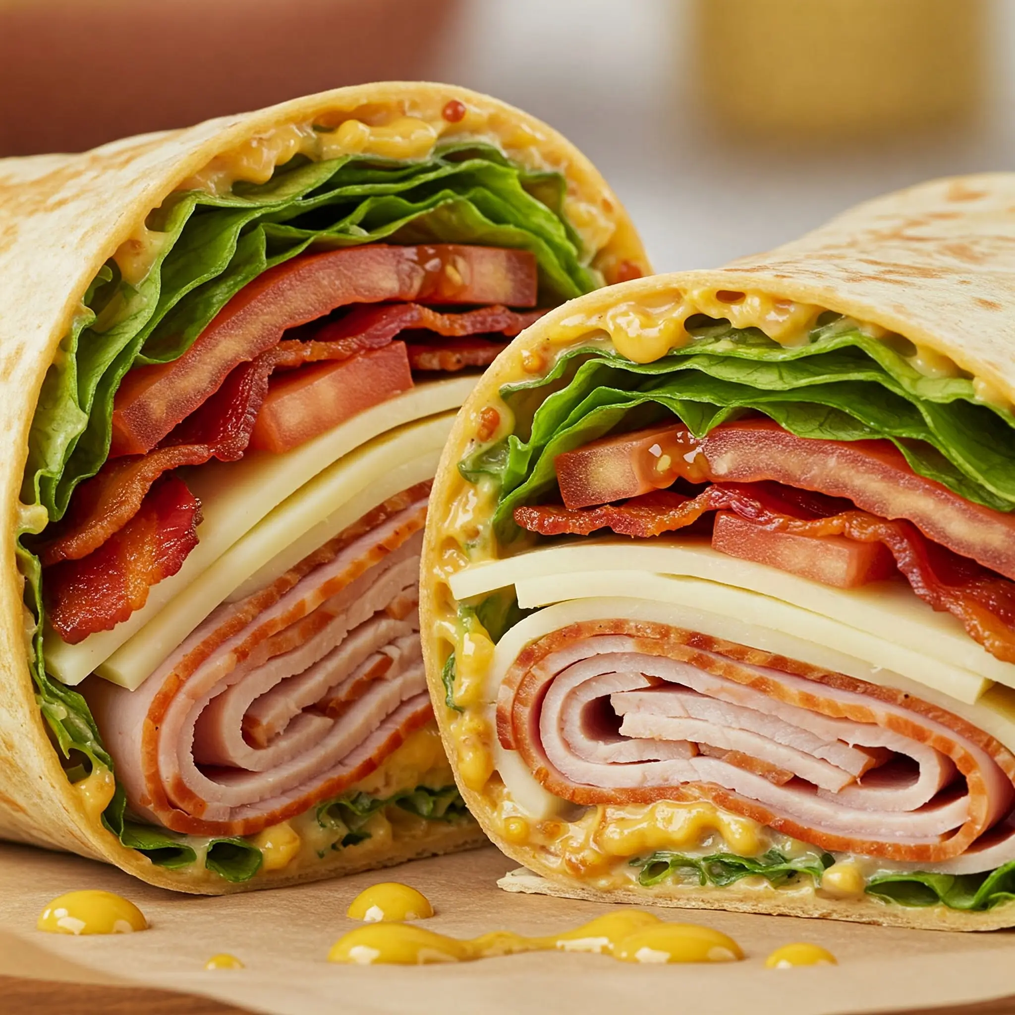 Sandwich wrap with meats, cheese, and vegetables.