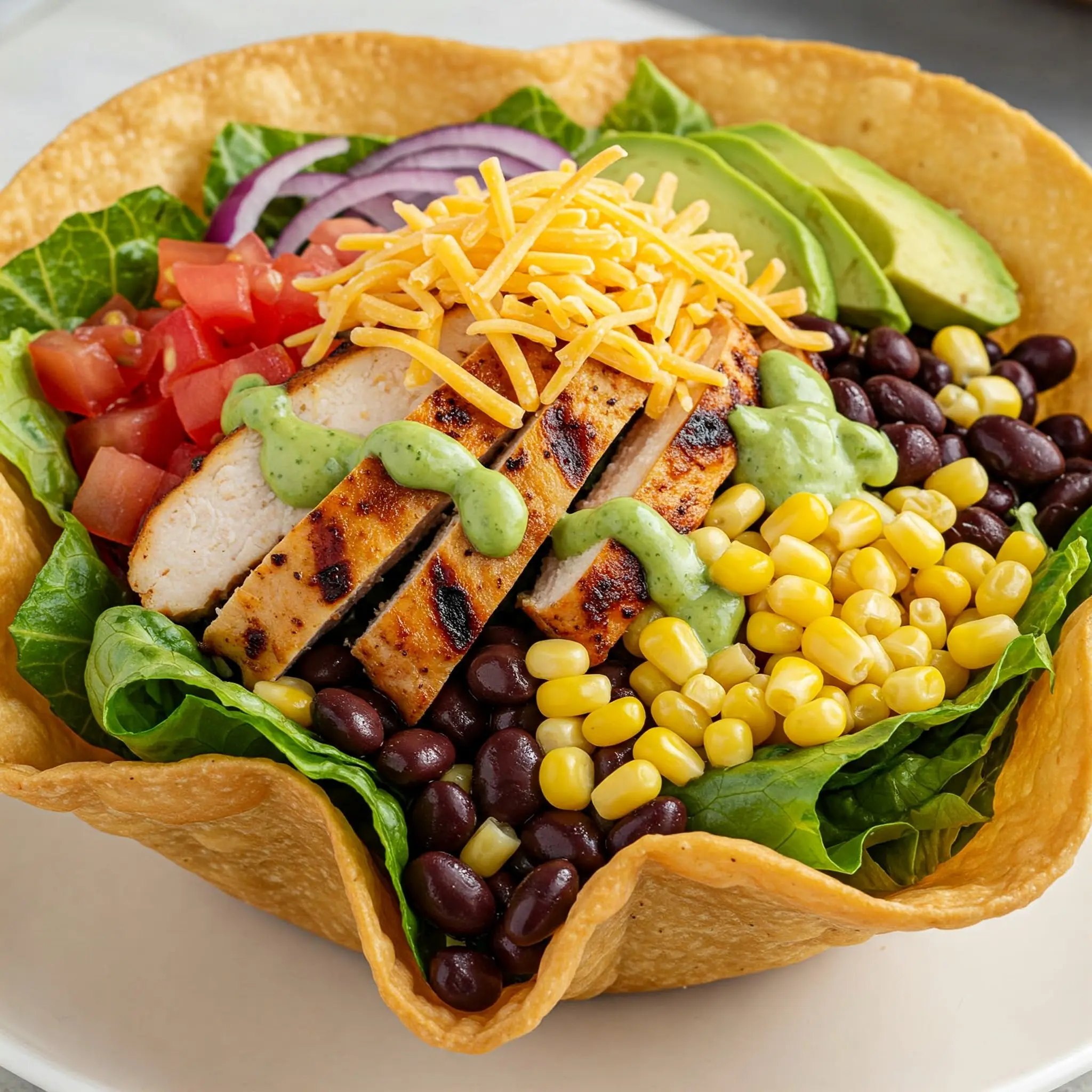 Chicken taco salad with avocado and beans.
