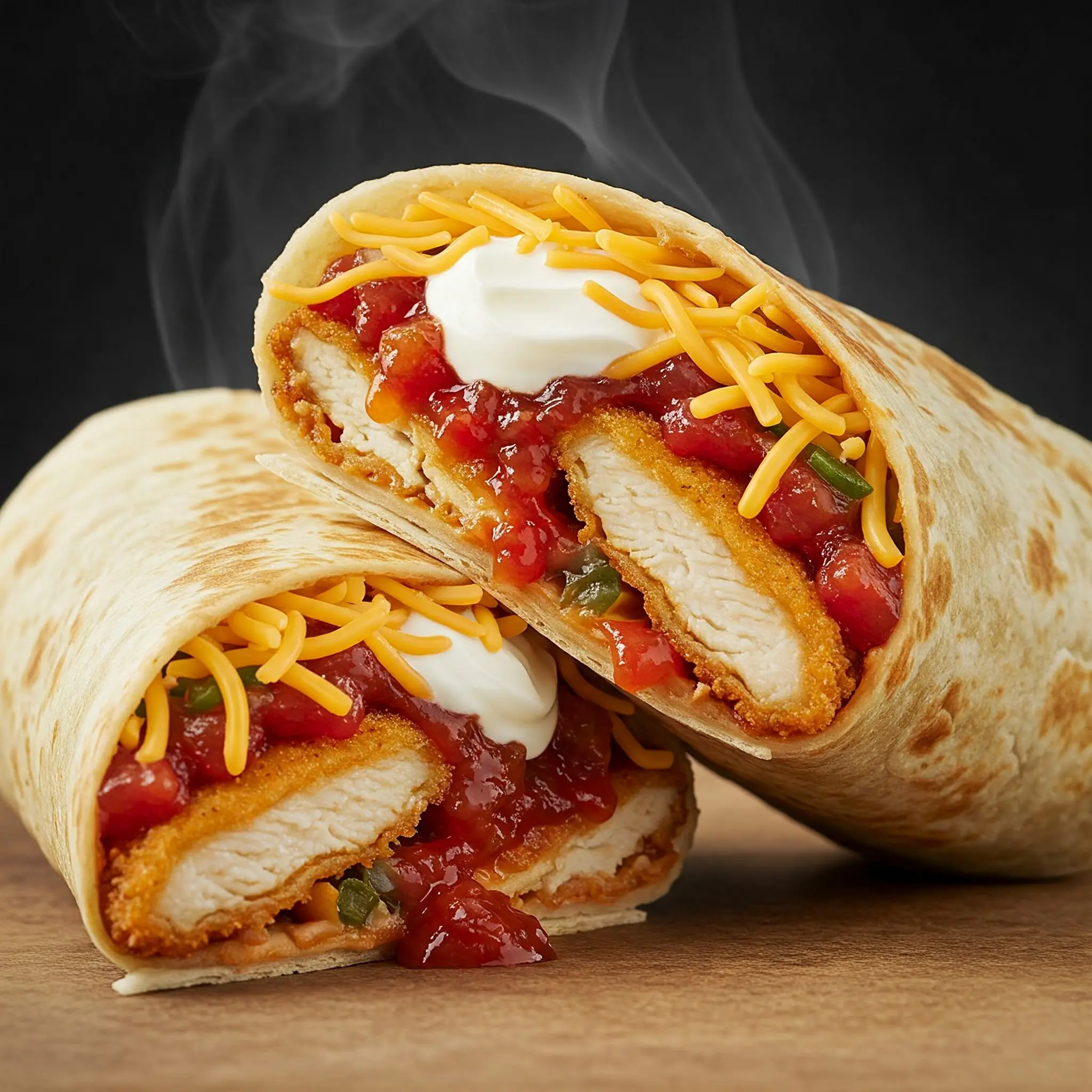 Chicken wrap with cheese and salsa filling.