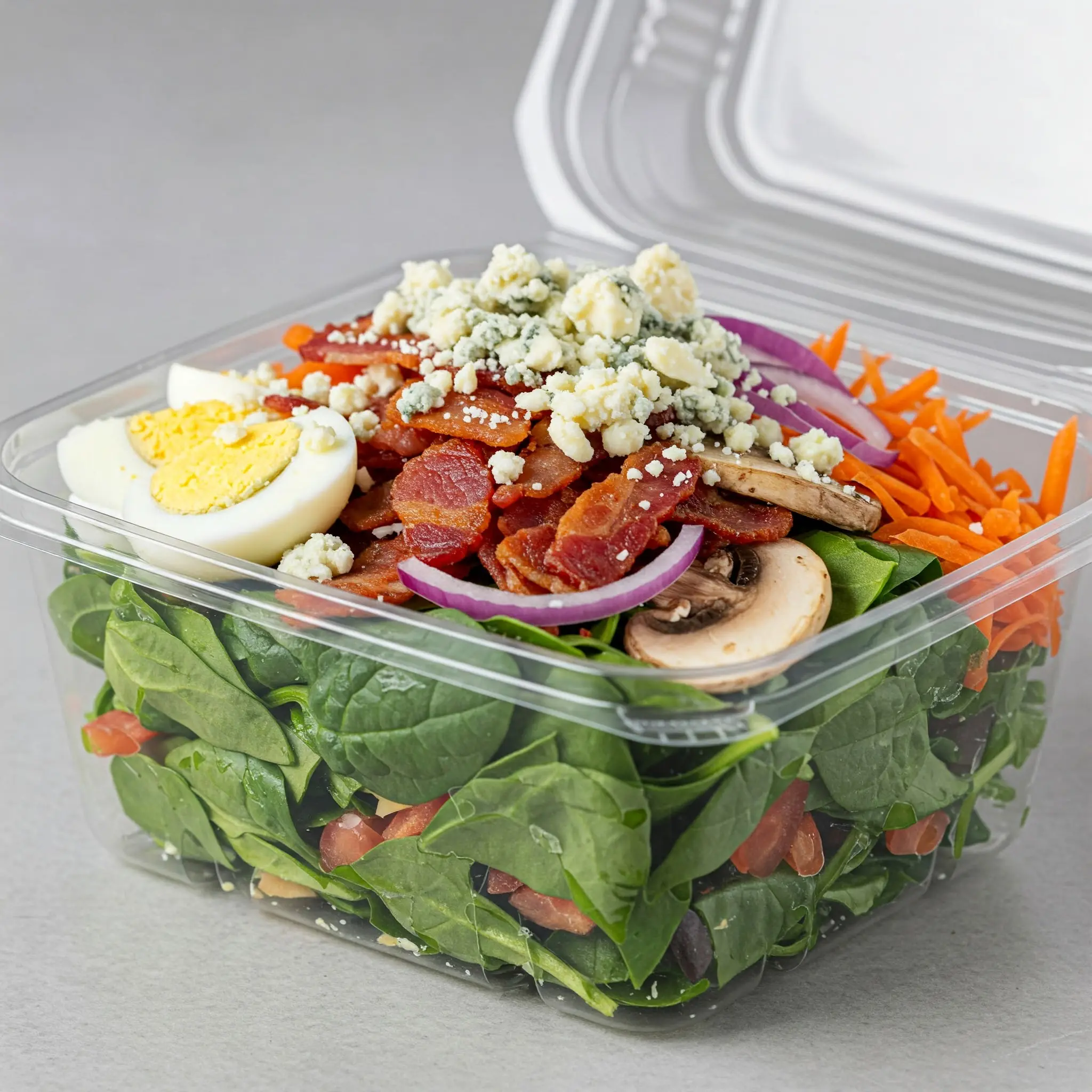 Spinach salad with eggs and bacon.