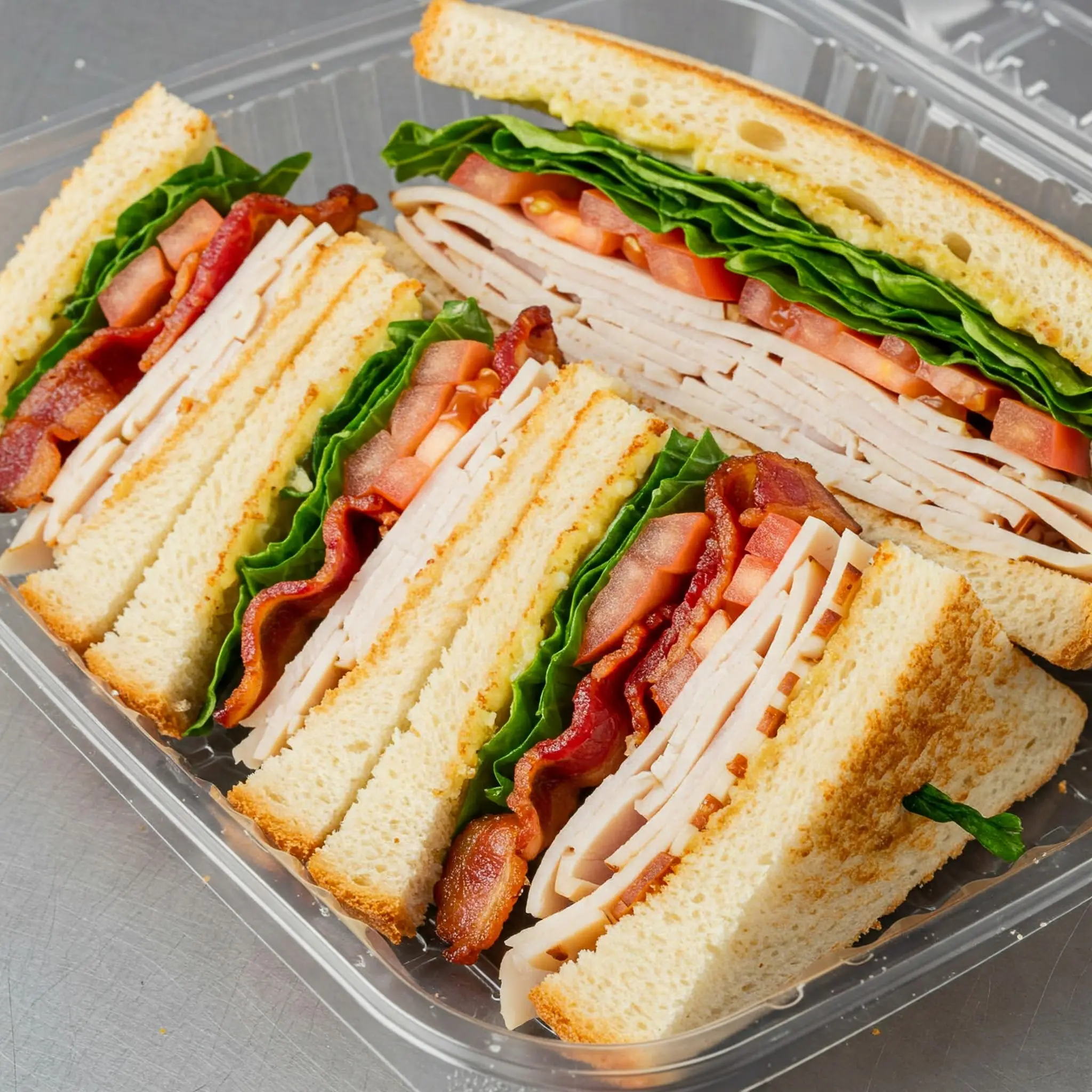 Club sandwich in a clear plastic container.