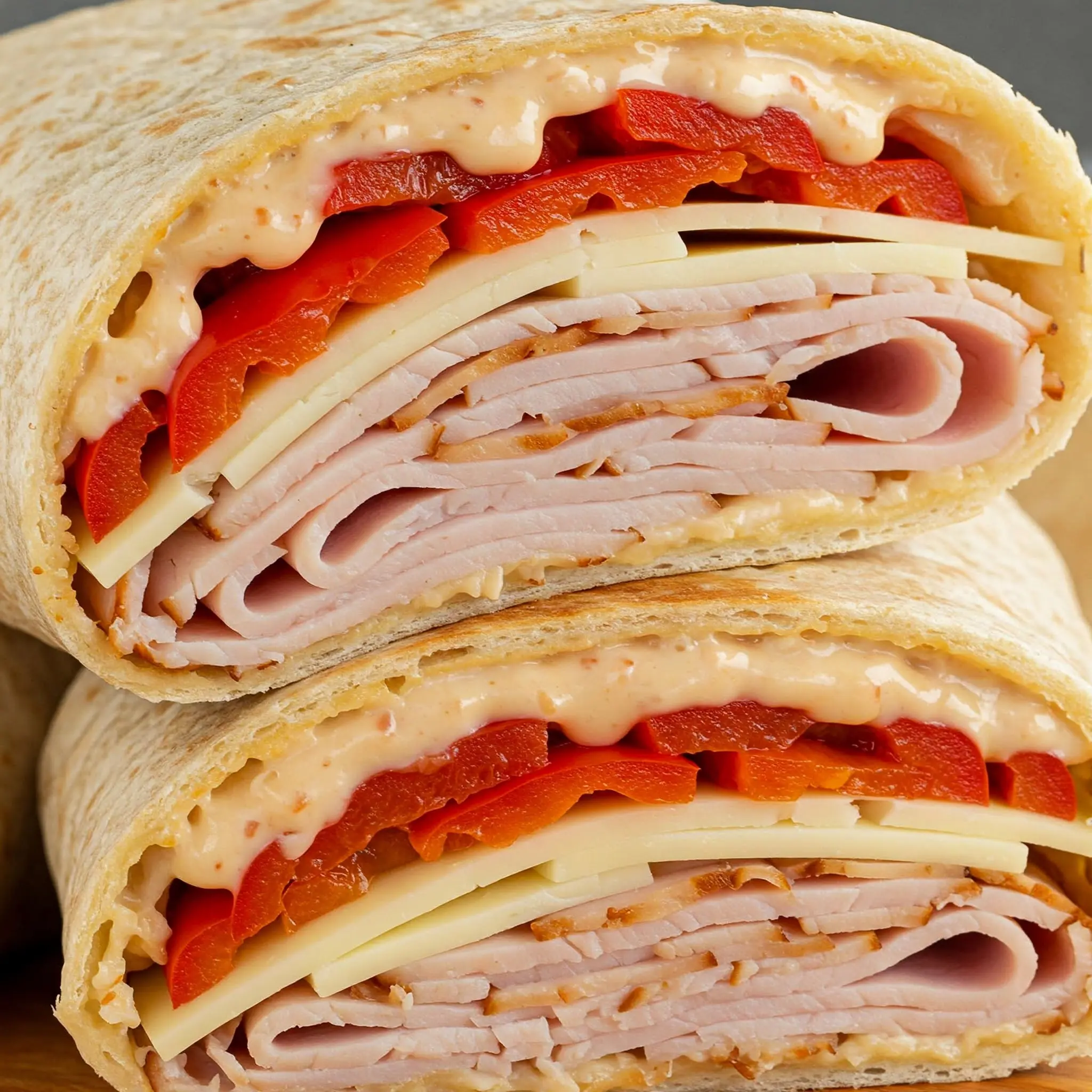 Sliced turkey wrap with cheese and peppers.