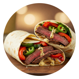 image-1 Steak wrap with vegetables and mustard sauce.