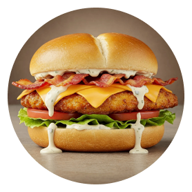 image Chicken sandwich with bacon, cheese, and sauce.